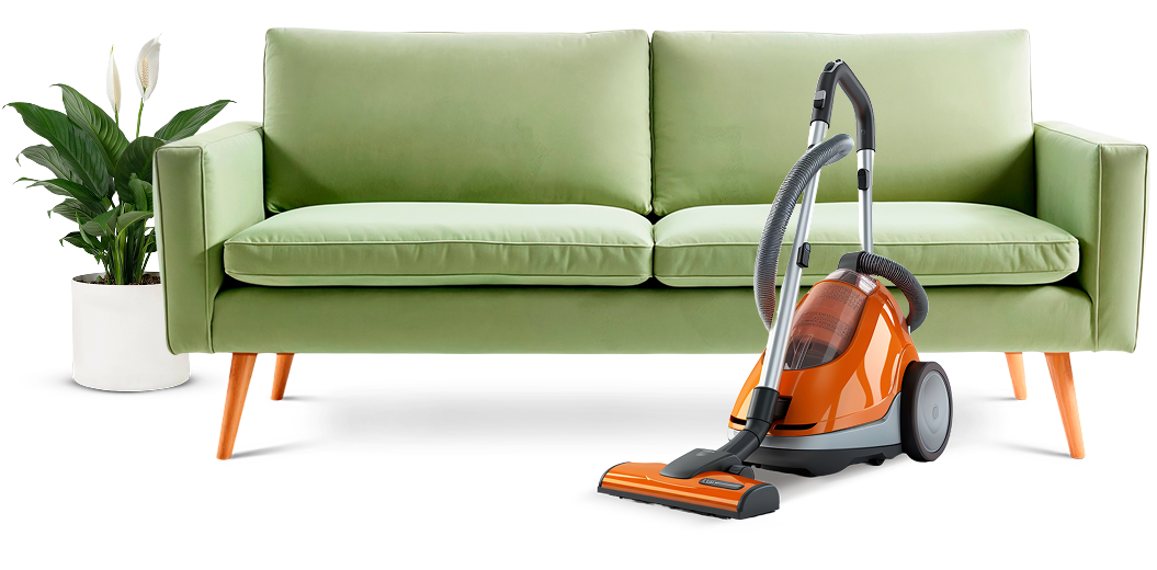 House cleaning services in Sacramento with an orange vacuum cleaner placed in front of a green sofa, showcasing the quality cleaning and attention to detail offered by our Sacramento cleaning company.