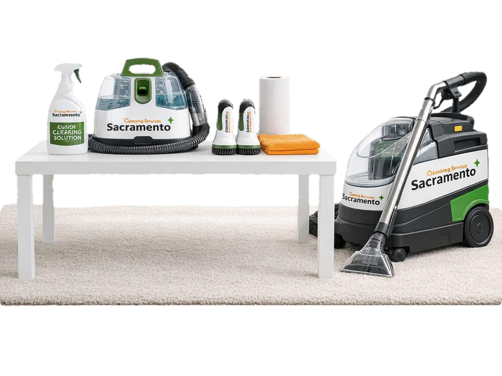 Sacramento carpet cleaning services with professional equipment, including a carpet cleaning machine, cleaning solution, and brushes, symbolizing our expert team’s commitment to removing dirt, stains, and allergens from your home or office carpets.