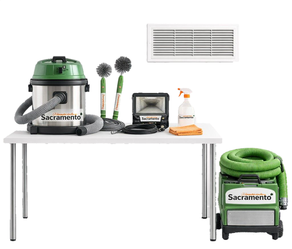 Sacramento air duct cleaning equipment including a vacuum, cleaning tools, and air duct brushes, symbolizing our expert team’s commitment to improving your home’s air quality by removing dust, allergens, and debris.