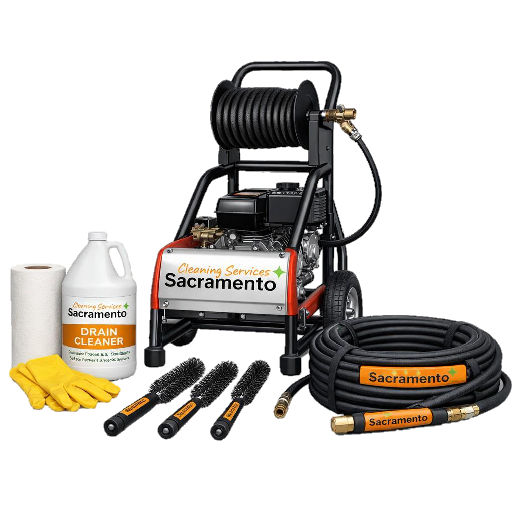 Reliable and efficient drain cleaning service in Sacramento, featuring professional tools like a drain cleaner, high-pressure hose, and brushes to tackle clogged drains and ensure smooth water flow for homes and offices.
