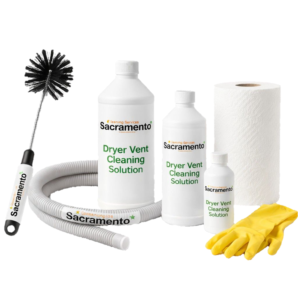 Dryer vent cleaning supplies including cleaning solution, brush, hose, gloves, and paper towel for safe and efficient dryer vent cleaning services in Sacramento, improving airflow and reducing fire risks.
