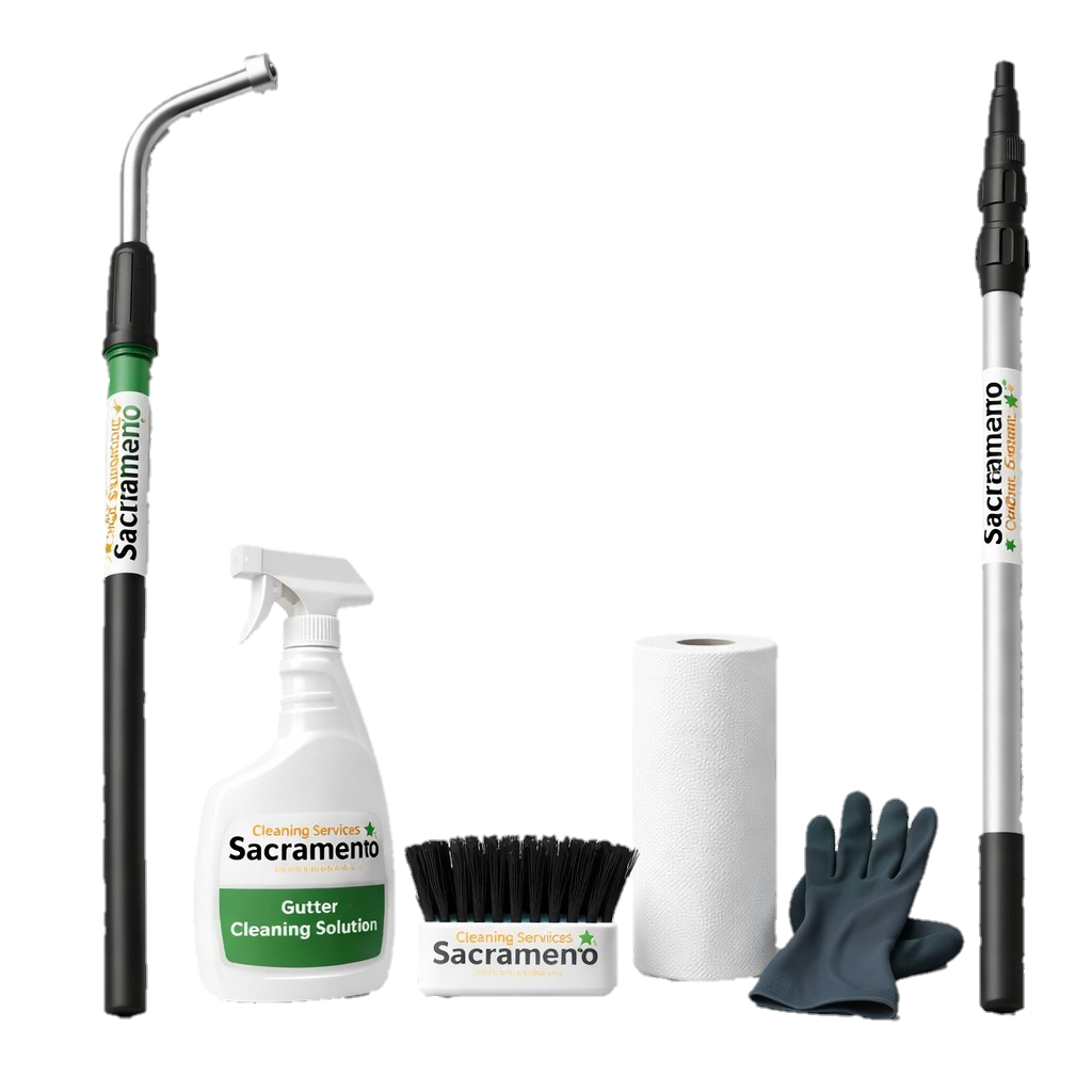 Gutter cleaning tools for Sacramento services, including a cleaning solution spray, gutter cleaning brush, gloves, paper towel, and extendable pole for efficient debris removal and proper gutter maintenance.
