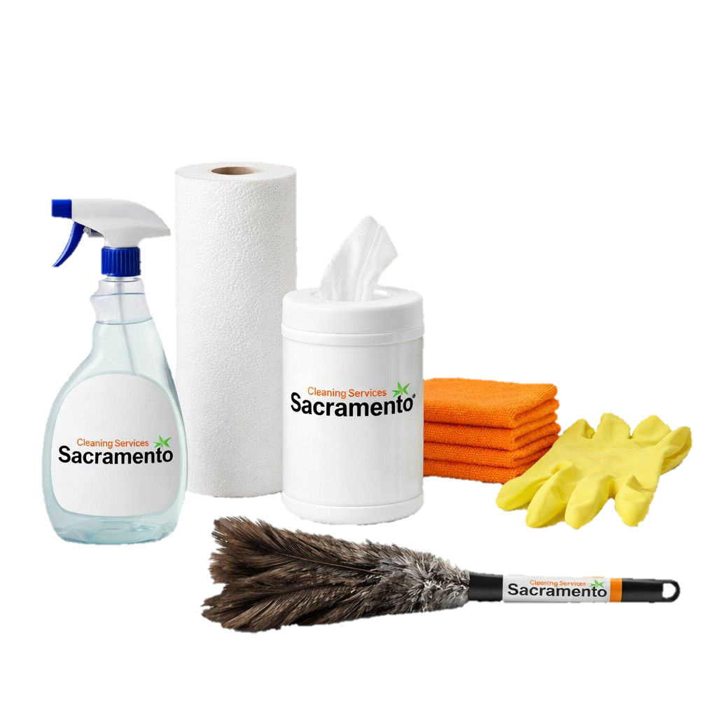 House cleaning services in Sacramento with professional cleaning supplies, including cleaning spray, paper towels, cleaning wipes, microfiber towels, gloves, and a duster, for efficient and thorough cleaning.