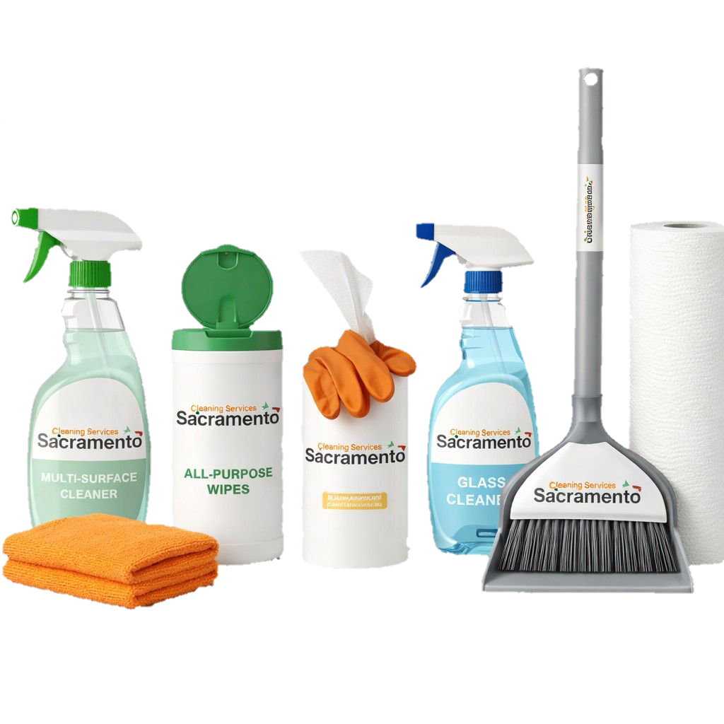 Cleaning tools for move-in/move-out cleaning services in Sacramento, including multi-surface cleaner, all-purpose wipes, glass cleaner, broom, and paper towels for a thorough, sparkling clean.