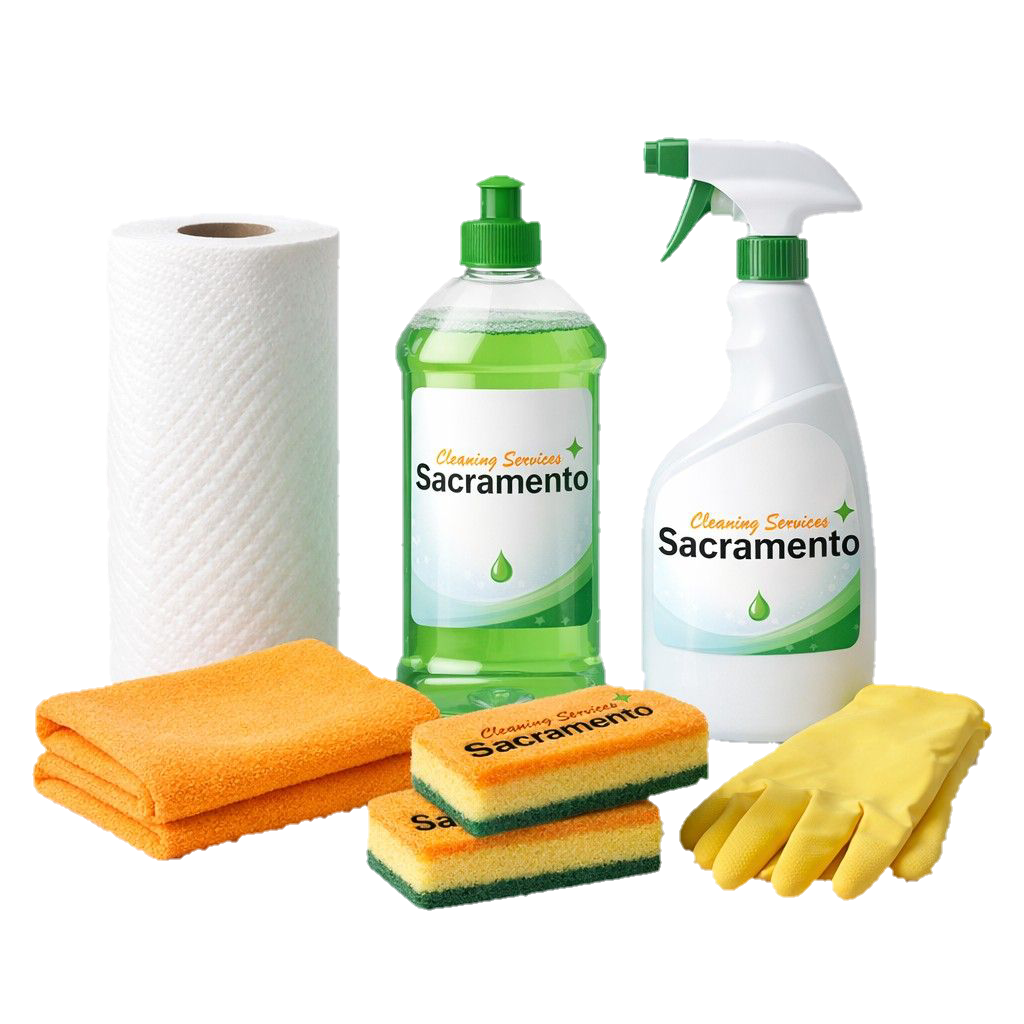 Professional Sacramento cleaning services supplies including eco-friendly cleaners, sponges, gloves, and towels, representing expert deep cleaning for homes and offices in Sacramento.