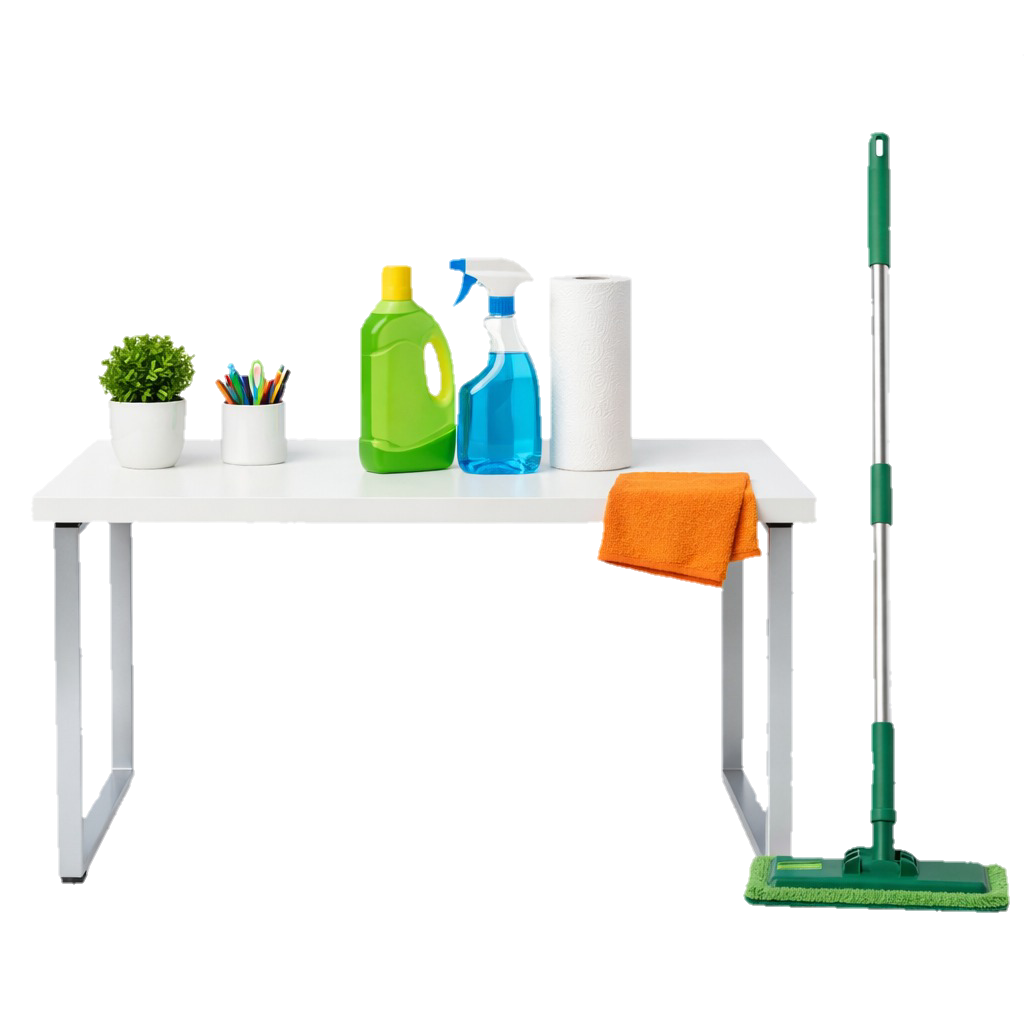 Cleaning supplies for office cleaning in Sacramento, including cleaning products, mop, paper towels, and accessories, ready to ensure a spotless, professional workspace.