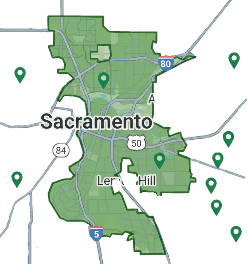 Service areas for cleaning services in Sacramento, showing a map highlighting key locations such as Elk Grove, Roseville, Folsom, Davis, Citrus Heights, and Rancho Cordova, ensuring professional cleaning services are available in these neighborhoods.
