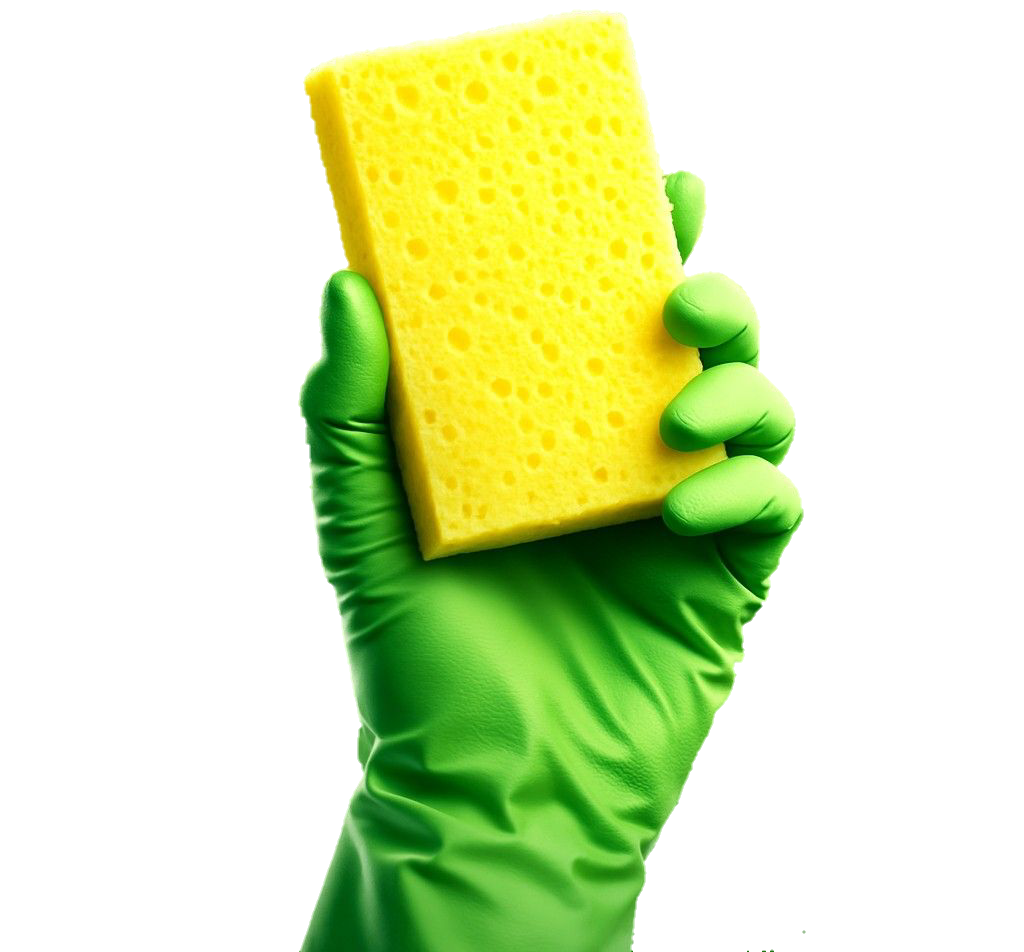 A yellow cleaning sponge held in a green-gloved hand, symbolizing professional cleaning services in Sacramento.