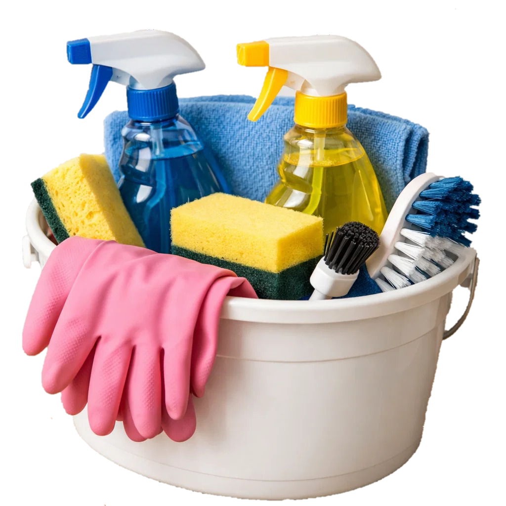 Cleaning supplies including sprays, sponges, gloves, and brushes for a professional cleaning service in Sacramento.