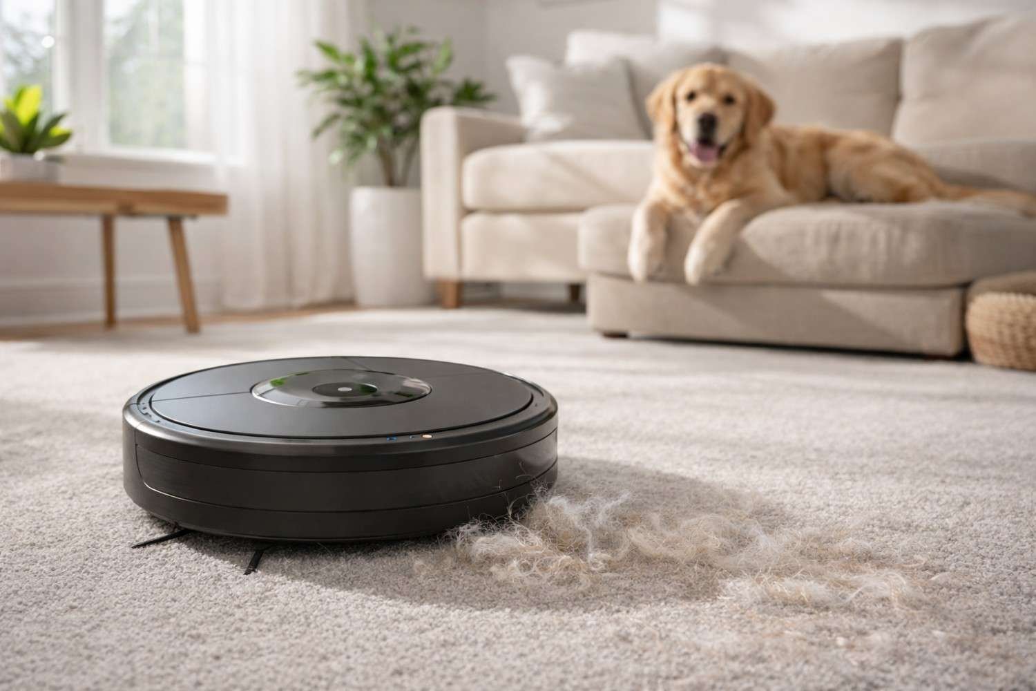Robot vacuum for pet hair cleaning a carpet in a home, with pet hair being picked up, offering an effective solution for a hair-free home as part of our expert cleaning tips for maintaining a clean and pet-friendly environment.