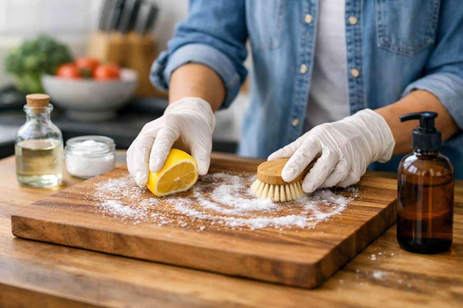 Eco-friendly cleaning tips for maintaining a spotless kitchen, featuring a person using lemon and salt to clean a wooden cutting board, promoting natural cleaning methods in the Sacramento cleaning services.
