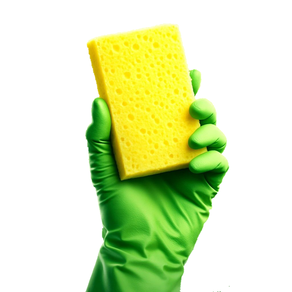 Eco-friendly cleaning with a yellow sponge held by a green-gloved hand, representing our professional, fully insured, and trained cleaning team in Sacramento. We offer safe, green cleaning solutions for your home.